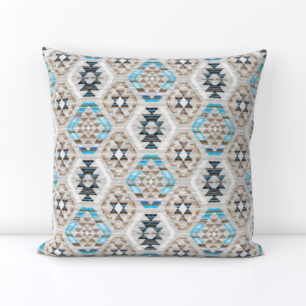 Small Scale Woven Textured Kilim - turquoise, brown and cream