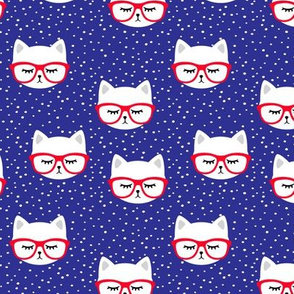 cat with glasses - red on blue