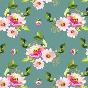 4" Pink and Green Florals - Muted Green