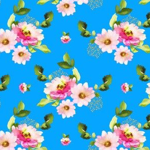 4" Pink and Green Florals - Bright Blue