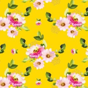 4" Pink and Green Florals - Bright Yellow