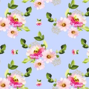 4" Pink and Green Florals - Light Blue