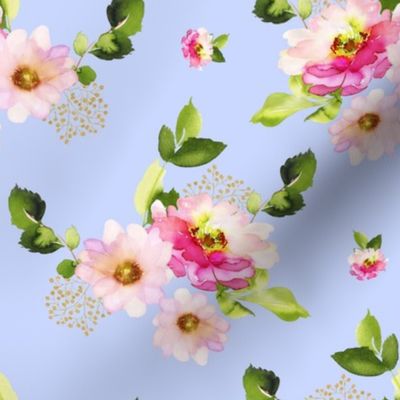 8" Pink and Green Florals - Light Blue