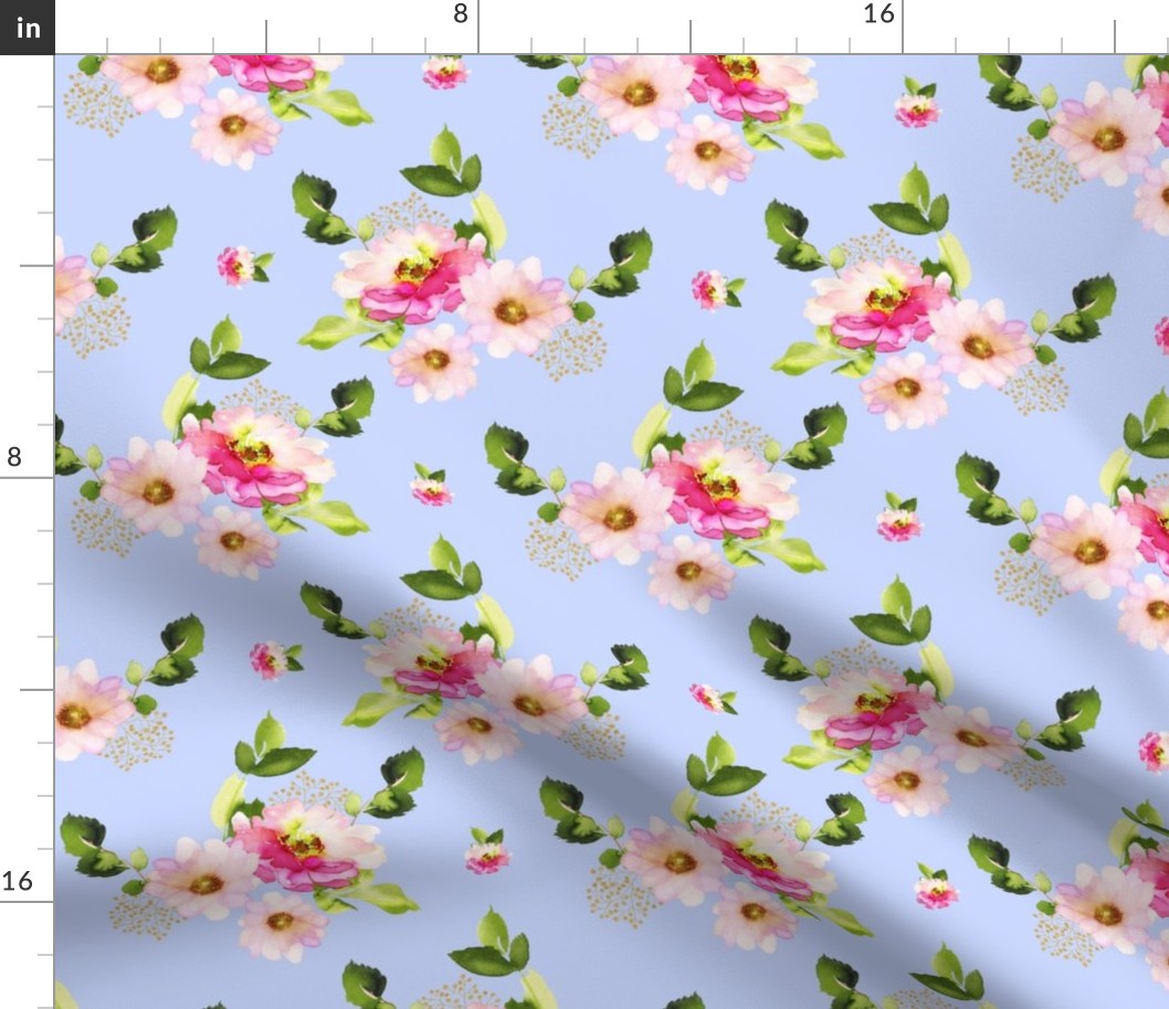 8" Pink and Green Florals - Light Blue