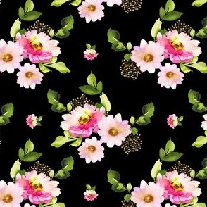 4" Pink and Green Florals - Black