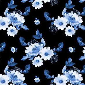 4" Blue Watercolor Florals - Black