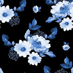 8" Blue Watercolor Florals - Black