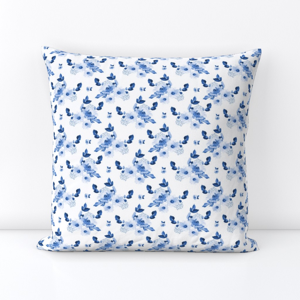 4" Blue Watercolor Florals - White