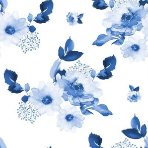 8" Blue Watercolor Florals - White