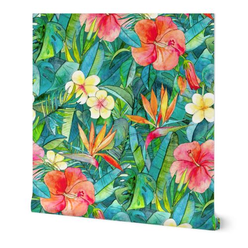 Classic Tropical Garden in watercolors 2 Wallpaper | Spoonflower
