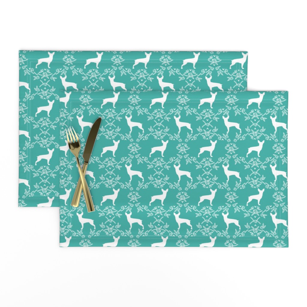 min pin floral silhouette miniature doberman pinscher fabric turquoise