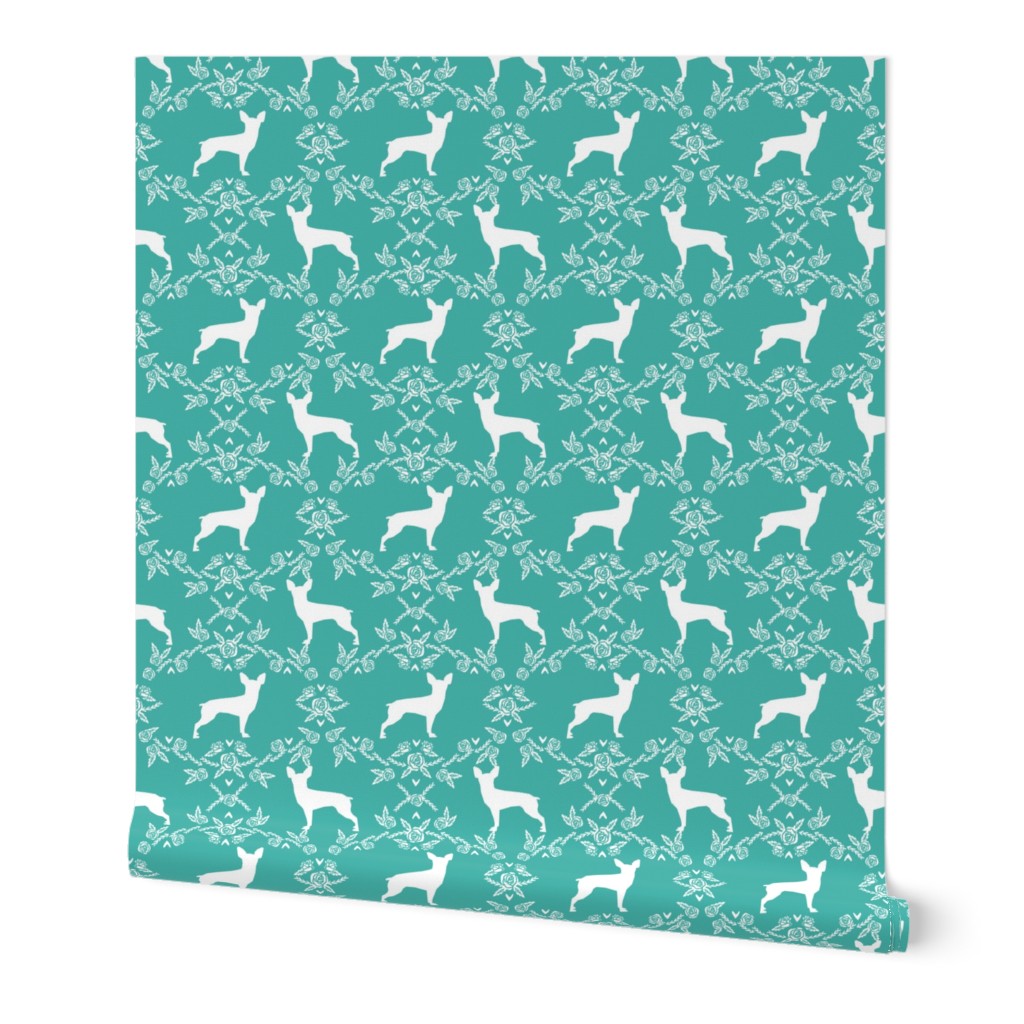 min pin floral silhouette miniature doberman pinscher fabric turquoise