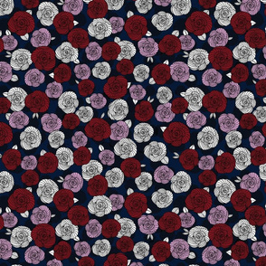 Roses in navy blue, orchid and burgundy floral pattern