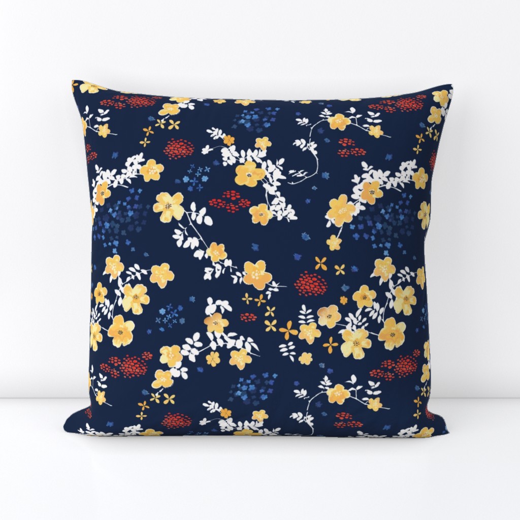 Yellow Clematis Floral Pattern on navy blue