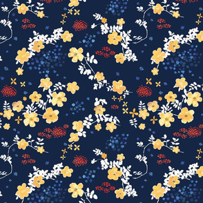 Yellow Clematis Floral Pattern on navy blue