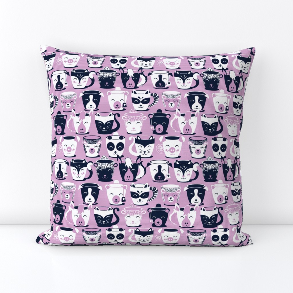 Small scale // Cuddly Tea Time // white navy & light orchid pink animal mugs