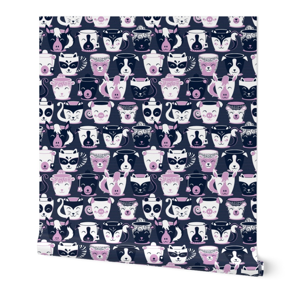 Small scale // Cuddly Tea Time // navy background white & light orchid pink animal mugs