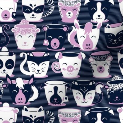 Small scale // Cuddly Tea Time // navy background white & light orchid pink animal mugs