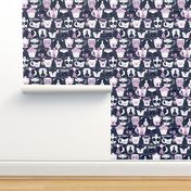 Small scale // Cuddly Tea Time // navy background white & light orchid pink animal mugs