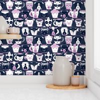 Small scale // Cuddly Tea Time // navy background white & light orchid pink animal mugs