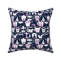 Small scale // Cuddly Tea Time // navy background white & light orchid pink animal mugs