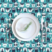 Small scale // Cuddly Tea Time // navy white & turquoise green animal mugs