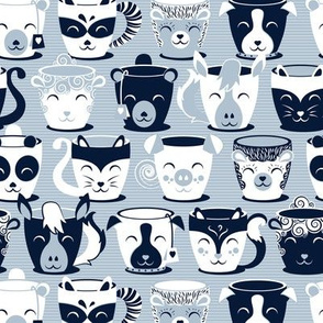 Small scale // Cuddly Tea Time // navy white & pastel blue grey animal mugs