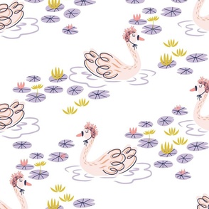 Beautiful Swimming Swan Pattern: Sweet sleepy  swans swimming with lily pads and lotus flowers