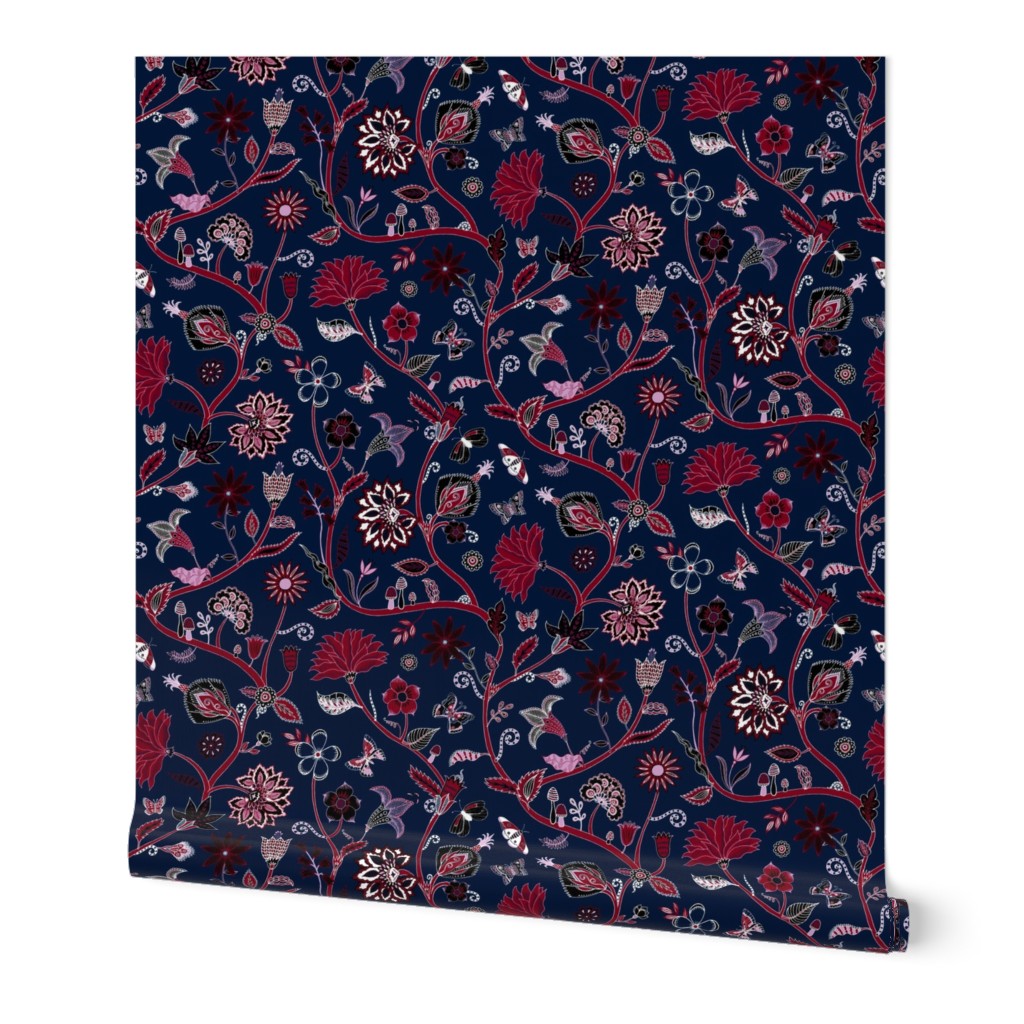 Fantasy Indian floral - red on navy