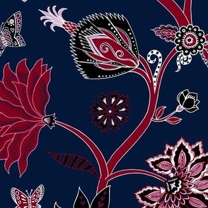 Fantasy Indian floral - red on navy