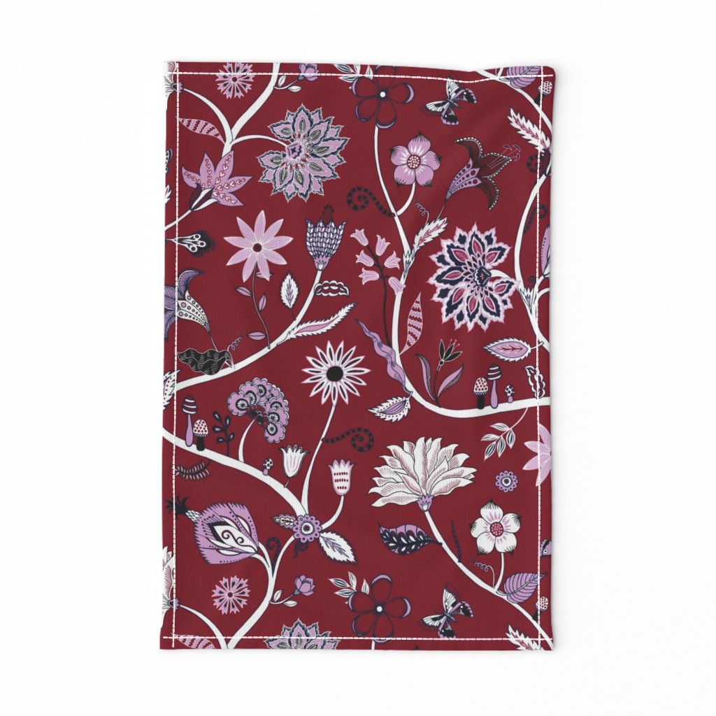 Fantasy Indian Floral - white on red