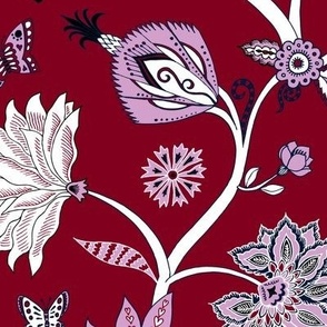 Fantasy Indian Floral - white on red