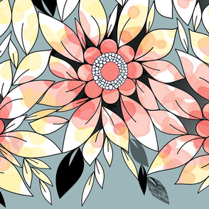 Large Flower Border in Peachy Pink, Blue, and Yellow