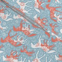 Unicorn Floral - linen texture, red, blue & white