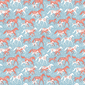 Unicorn Floral - linen texture, red, blue & white