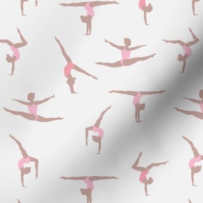 The gymnasts in light  grey, light pinl