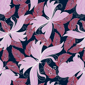 floral butterflies in lilac, scarlet, and navy