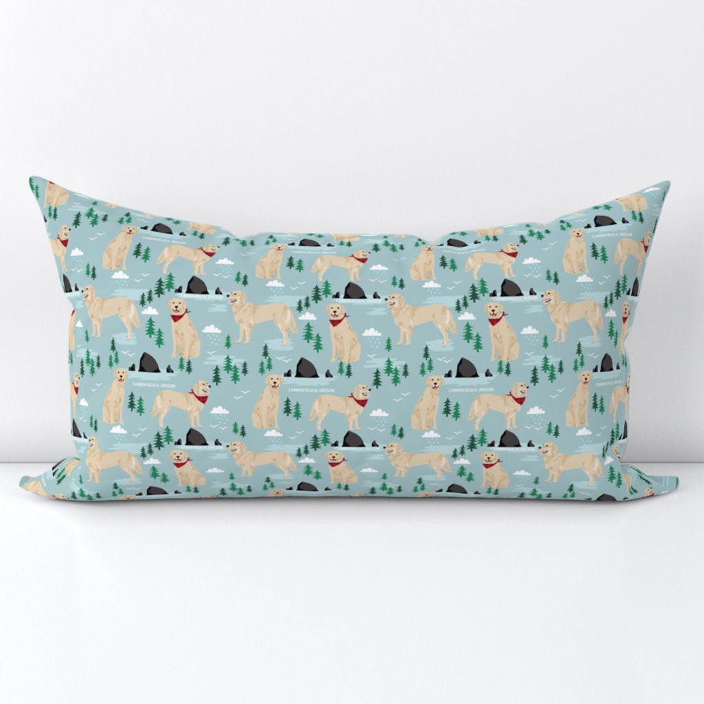 golden retriever cannon beach fabric - cute dogs on the beach in oregon - blue