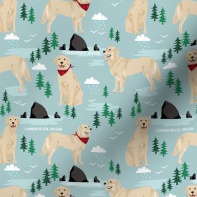 golden retriever cannon beach fabric - cute dogs on the beach in oregon - blue