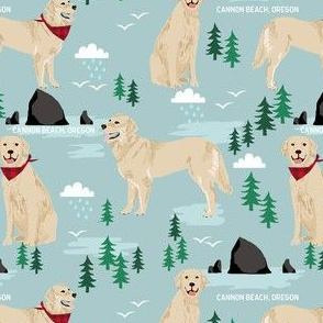 golden retriever cannon beach fabric - cute dogs on the beach in oregon - blue