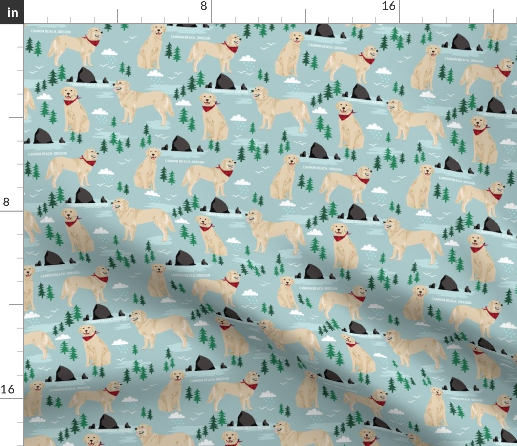 golden retriever cannon beach fabric - cute dogs on the beach in oregon - blue