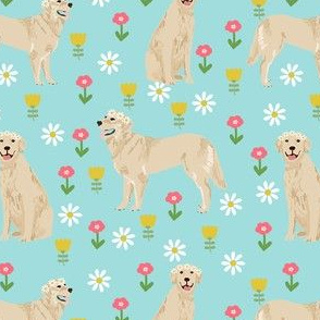 golden retriever flower child fabric - hippie flower crown dogs - cute flowers - blue