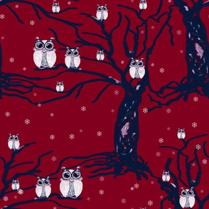 WINTER OWLS burgundy