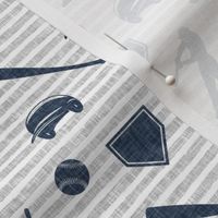 baseball fabric - navy on grey stripes