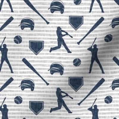 baseball fabric - navy on grey stripes