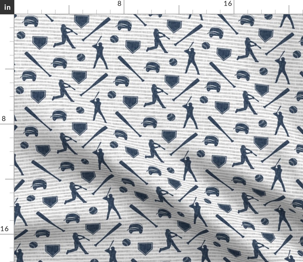 baseball fabric - navy on grey stripes