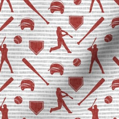 baseball fabric - deep red on grey stripes