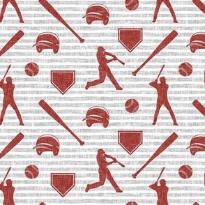 baseball fabric - deep red on grey stripes