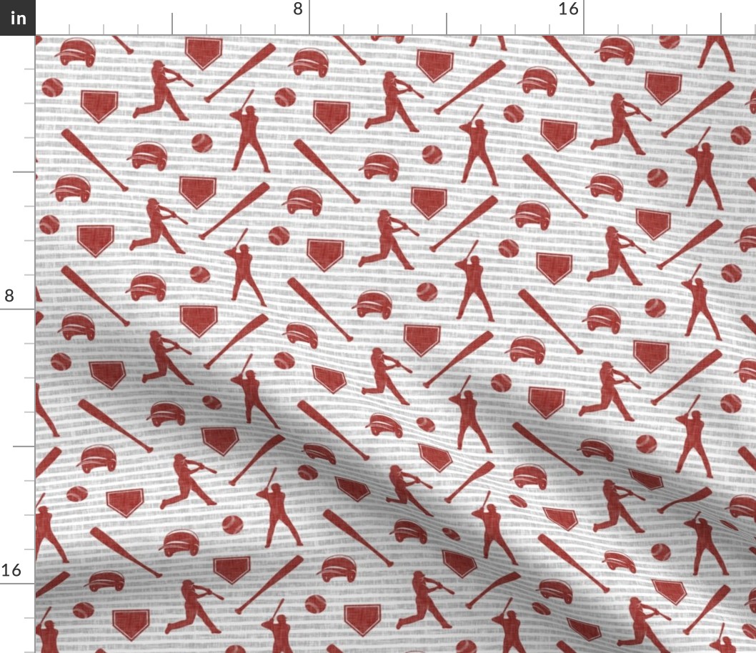 baseball fabric - deep red on grey stripes