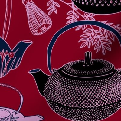 Japanese Vintage Teapots on red